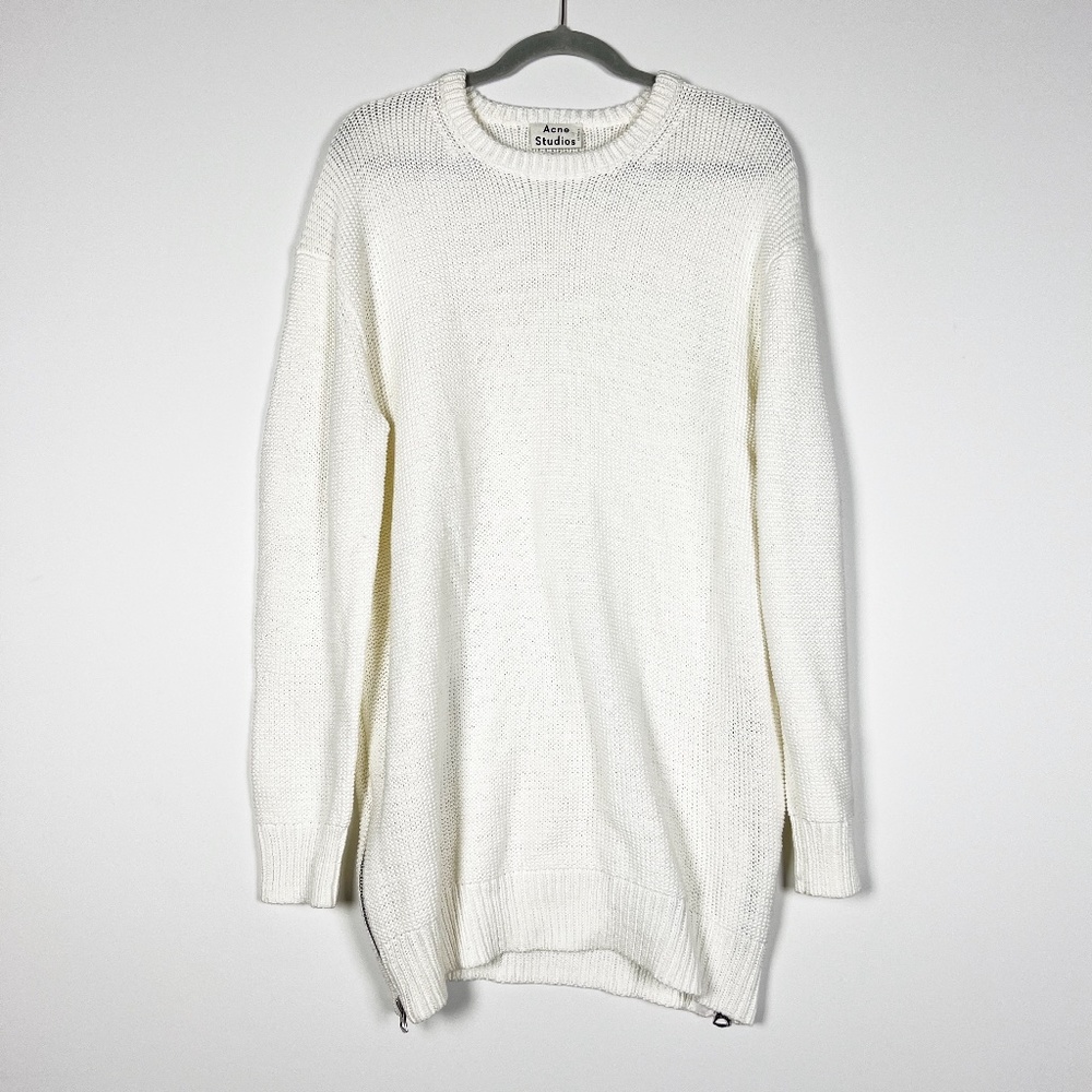 Acne Studios Sade Cotton Knit Oversize Zipper Detail Crew Neck Pullover Sweater
